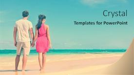  Presentation with sea shore - Audience pleasing PPT theme consisting of couple standing on beach travel holding hands rear view of multiethnic romantic couple on shore young partners are watching sea tourists are enjoying their summer vacation at beach backdrop and a seafoam green colored foreground