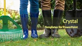  Presentation with soil shovel in the garden - PPT theme featuring couple standing with gardening rake background and a tawny brown colored foreground