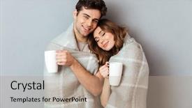  Presentation with five business people standing together and smiling - PPT layouts having couple standing wrapped in blanket background and a coral colored foreground