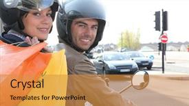  Presentation with motorcycle - Amazing slides having couple strolling on a motorcycle in town backdrop and a gold colored foreground