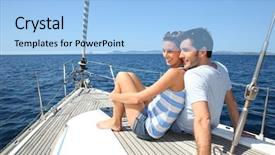  Presentation with sailboat - Audience pleasing presentation theme consisting of couple stting on sailboat deck backdrop and a light blue colored foreground