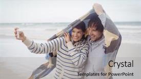  Presentation with young happy couple - Presentation design enhanced with couple taking selfie at beach background and a light gray colored foreground