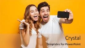  Presentation with blue and yellow phone - Audience pleasing PPT layouts consisting of couple taking selfie with mobile backdrop and a yellow colored foreground