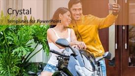  Presentation with motorcycle - PPT layouts enhanced with tech vehicle - couple taking selfie with motorcycle background and a gold colored foreground