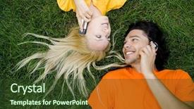  Presentation with mobile phones and hospital - Colorful PPT theme enhanced with couple talking on mobile phones backdrop and a tawny brown colored foreground