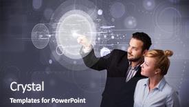  Presentation with young happy couple - Beautiful theme featuring couple touching abstract high technology backdrop and a dark gray colored foreground
