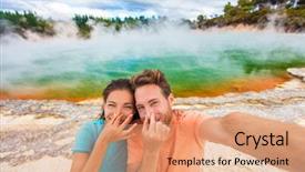  Presentation with ponds - Cool new slides with couple tourists at new zealand backdrop and a coral colored foreground