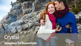  Presentation with camp - Colorful PPT layouts enhanced with couple tourists woman and man sitting at the camp in the forest and mountains backdrop and a gray colored foreground