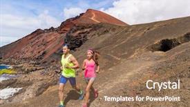  Presentation with running race - Slide set consisting of couple training on mountain ultra background and a coral colored foreground
