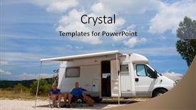  Presentation with elderly icon - Audience pleasing PPT layouts consisting of couple travel by camping car backdrop and a  colored foreground