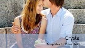  Presentation with couple kiss - Slides featuring couple traveling sit on the steps of a local landmark and kiss in the afternoon sunlight background and a light blue colored foreground