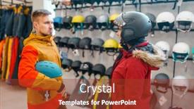  Presentation with ski - Presentation featuring couple trying on helmets for ski or snowboarding background and a tawny brown colored foreground