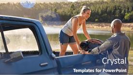  Presentation with road trip - PPT theme having couple-unloading-backpack-from-pick background and a ocean colored foreground