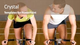  Presentation with club - Colorful slides enhanced with couple using bikes in a fitness club looking at each other competitively backdrop and a coral colored foreground