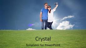  Presentation with camera - Presentation theme enhanced with couple using camera for picture against cloudy sky with sunshine background and a seafoam green colored foreground