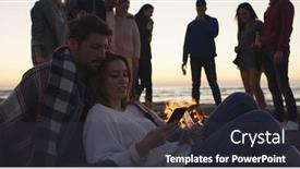  Presentation with beach party - Slide deck with couple using cell phone during beach party with friends drinking beer and having fun background and a dark gray colored foreground
