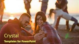  Presentation with beach party - Colorful slide deck enhanced with couple using cell phone during autumn beach party with friends drinking beer and having fun backdrop and a tawny brown colored foreground