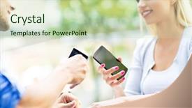  Presentation with files - Beautiful PPT theme featuring couple-using-cellphones-to-share backdrop and a soft green colored foreground