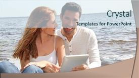  Presentation with electronic - Audience pleasing presentation theme consisting of couple using electronic tablet by a lake backdrop and a sky blue colored foreground