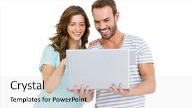  Presentation with young man holdng laptop on lap money - PPT theme having couple using laptop on white background and a light gray colored foreground