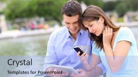  Presentation with public - Theme featuring couple using tablet and cellphone in public park background and a light blue colored foreground