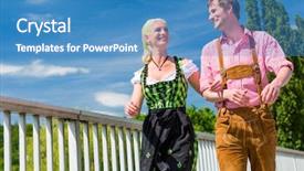  Presentation with fair - PPT theme with couple visiting together bavarian fair in national costume leather pants and dirndl background and a teal colored foreground