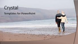  Presentation with senior couple - Presentation theme having couple walking along winter beach background and a light gray colored foreground