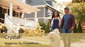  Presentation with walking - Cool new presentation with couple walking dog along suburban backdrop and a yellow colored foreground
