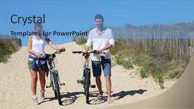  Presentation with bicycles - Slides with couple walking on a sandy path with bicycles background and a teal colored foreground