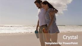  Presentation with romantic getaway - Colorful slide deck enhanced with couple walking with beach footwear backdrop and a coral colored foreground