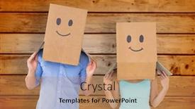  Presentation with heads - PPT theme consisting of couple wearing emoticon face boxes on their heads against wooden planks background background and a coral colored foreground