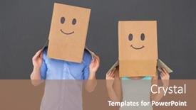  Presentation with heads - Audience pleasing PPT theme consisting of couple wearing emoticon face boxes on their heads against grey backdrop and a coral colored foreground