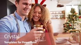  Presentation with antlers - PPT layouts having couple wearing fancy dress antlers and paper hat drink wine whilst cooking dinner on christmas day background and a coral colored foreground