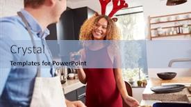  Presentation with fancy dress - Slide deck enhanced with couple wearing fancy dress antlers and paper hat at home cooking dinner on christmas day background and a light blue colored foreground