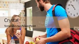  Presentation with ladies clothing - Presentation design featuring couple wearing gym clothing talking background and a coral colored foreground