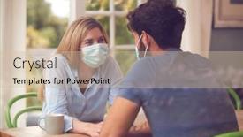  Presentation with coffee shop - Amazing PPT theme having couple-wearing-masks-meeting backdrop and a soft green colored foreground