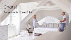  Presentation with good morning couple bed - Amazing PPT layouts having couple wearing pajamas making bed in morning backdrop and a light gray colored foreground