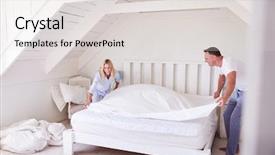  Presentation with good morning couple bed - Amazing PPT theme having couple wearing pajamas making bed backdrop and a  colored foreground