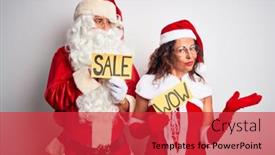  Presentation with wow - Presentation featuring couple wearing santa costume holding wow and sale banner over isolated white background pointing aside with hands open palms showing copy space presenting advertisement smiling excited happy background and a red colored foreground