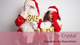  Presentation with wow - Presentation theme enhanced with couple wearing santa costume holding wow and sale banner over isolated white background yawning tired covering half face eye and mouth with hand face hurts in pain background and a coral colored foreground