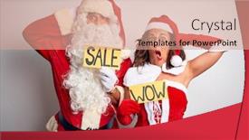  Presentation with wow - Presentation theme consisting of couple wearing santa costume holding wow and sale banner over isolated white background crazy and scared with hands on head afraid and surprised of shock with open mouth background and a coral colored foreground