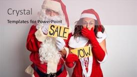  Presentation with wow - Beautiful presentation theme featuring couple wearing santa costume holding wow and sale banner over isolated white background shocked covering mouth with hands for mistake secret concept backdrop and a soft green colored foreground