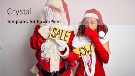  Presentation with wow - Presentation enhanced with couple wearing santa costume holding wow and sale banner over isolated white background bored yawning tired covering mouth with hand restless and sleepiness background and a soft green colored foreground