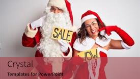  Presentation with wow - Presentation theme with couple wearing santa costume holding wow and sale banner over isolated white background smiling cheerful showing and pointing with fingers teeth and mouth dental health concept background and a red colored foreground