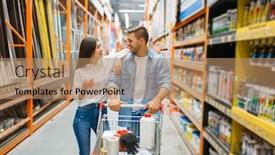  Presentation with building - Presentation design having couple with a cart buying building materials background and a coral colored foreground