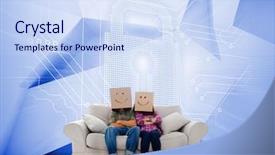  Presentation with holographic - PPT theme with couple with cartons on head sitting on couch under white holographic lock on blue background background and a sky blue colored foreground