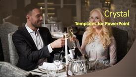  Presentation with restaurant toasting - Amazing presentation having couple with champagne glasses dating and toasting in restaurant backdrop and a tawny brown colored foreground