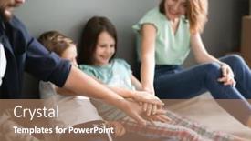  Presentation with family children - Presentation featuring couple with children sitting near wall and boxes indoors happy family on moving day background and a coral colored foreground