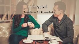  Presentation with coffee-book - Presentation design enhanced with couple with coffee and book discussing something in cafe background and a coral colored foreground