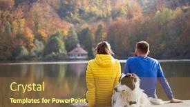  Presentation with lake dock - Colorful PPT layouts enhanced with couple-with-dog-sitting backdrop and a tawny brown colored foreground